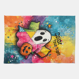 Cute Patchwork Ghost Colorful Splatter Art Tea Towel