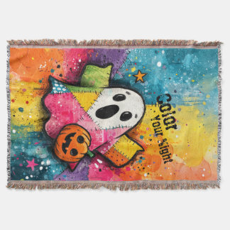 Cute Patchwork Ghost Colorful Splatter Art Throw Blanket