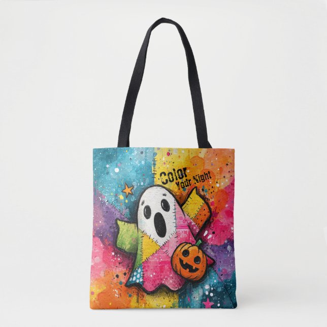Cute Patchwork Ghost Colorful Splatter Art Tote Bag (Front)