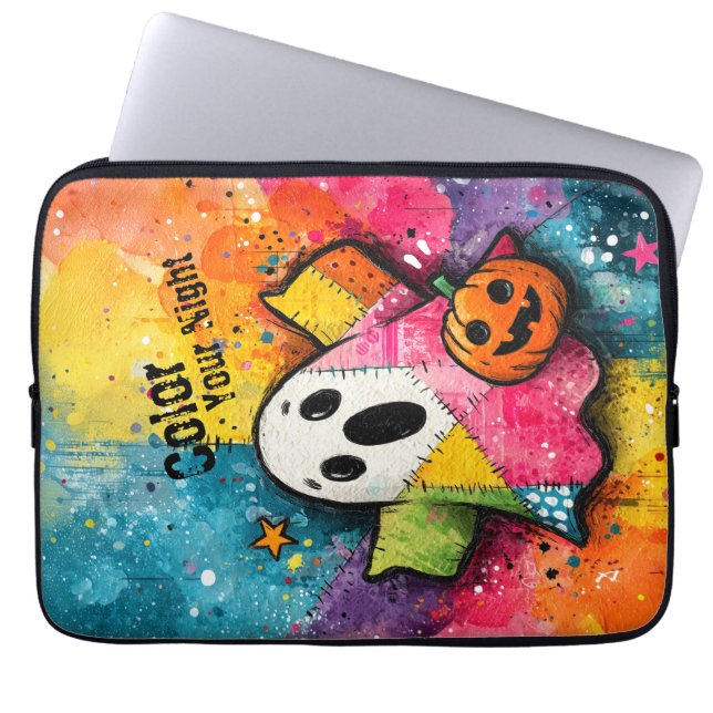Cute Patchwork Ghost Colourful Splatter Art Laptop Sleeve (Front)