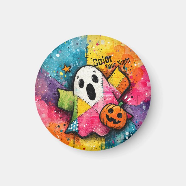 Cute Patchwork Ghost Colourful Splatter Art Magnet (Front)