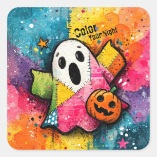 Cute Patchwork Ghost Colourful Splatter Art Square Sticker