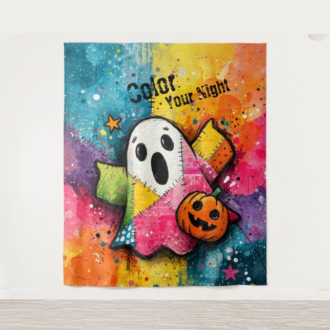 Cute Patchwork Ghost Colourful Splatter Art Tapestry (Front)