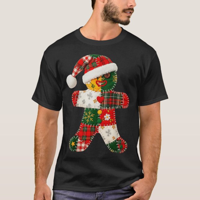 Cute Patchwork Gingerbread Man Christmas Men Women T-Shirt (Front)