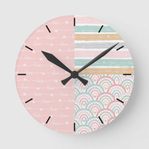 Cute Patchwork Hearts Rainbows Pastel Wall Clock