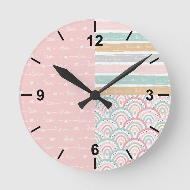 Cute Patchwork Hearts Rainbows - Pastel Wall Clock (Front)