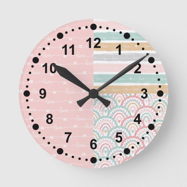 Cute Patchwork Hearts Rainbows Pastel - Wall Clock (Front)