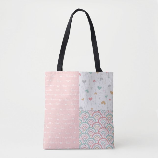 Cute Patchwork Love Hearts Rainbow Tote Bag (Front)