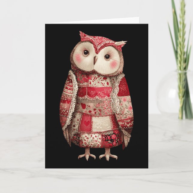 Cute Patchwork Owl Quilting Lover Valentine  Card (Front)