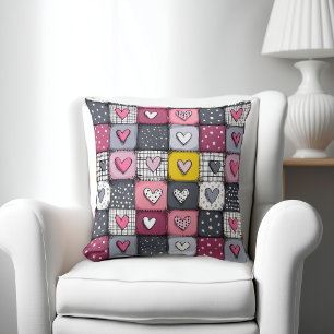 Cute Patchwork Pattern with Hearts Cushion