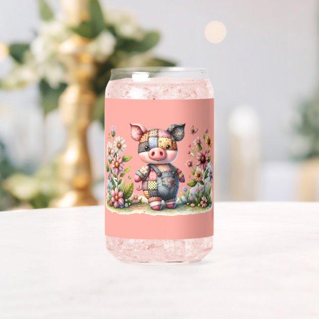 Cute Patchwork Piglet in Floral Garden Can Glass (Insitu (Wedding))