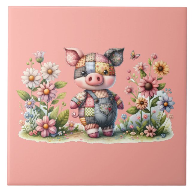 Cute Patchwork Piglet in Floral Garden Ceramic Tile (Front)