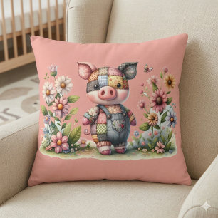 Cute Patchwork Piglet in Floral Garden Cushion