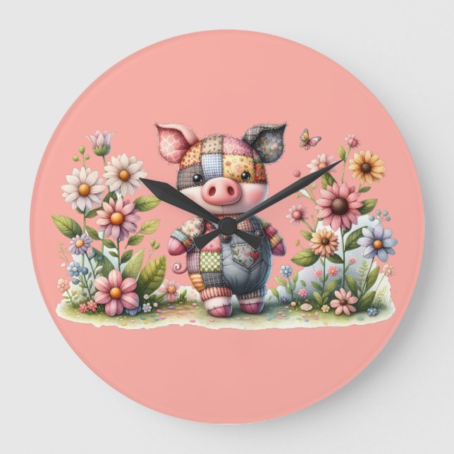 Cute Patchwork Piglet in Floral Garden Large Clock (Front)