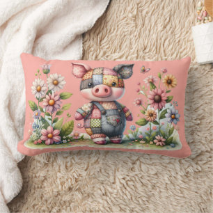 Cute Patchwork Piglet in Floral Garden Lumbar Cushion