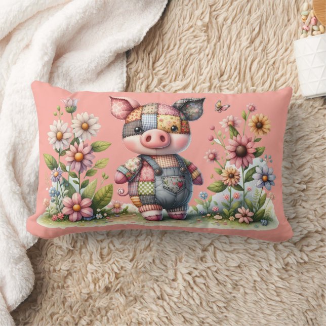 Cute Patchwork Piglet in Floral Garden Lumbar Cushion (Blanket)