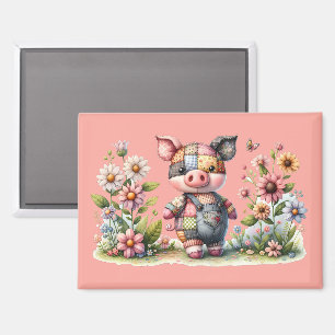 Cute Patchwork Piglet in Floral Garden Magnet