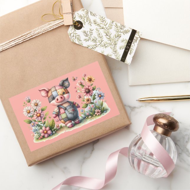 Cute Patchwork Piglet in Floral Garden Magnet Rectangular Sticker (Gifting)