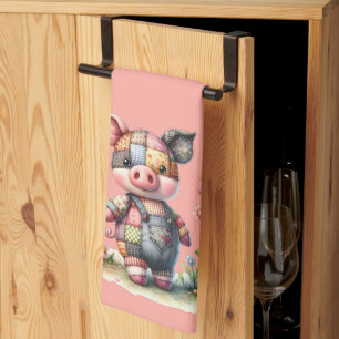 Cute Patchwork Piglet in Floral Garden Tea Towel