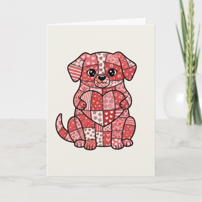 Cute Patchwork Puppy Dog with Heart Illustration  Card (Front)