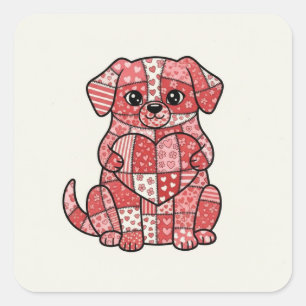 Cute Patchwork Puppy Dog with Heart Illustration  Square Sticker