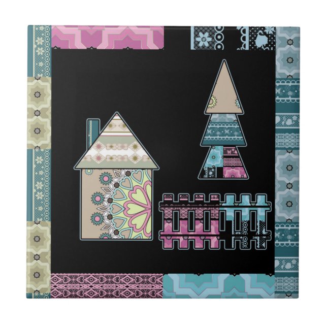 Cute patchwork quilting house tree abstract shapes ceramic tile (Front)