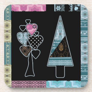 Cute patchwork quilting tree abstract shapes black coaster