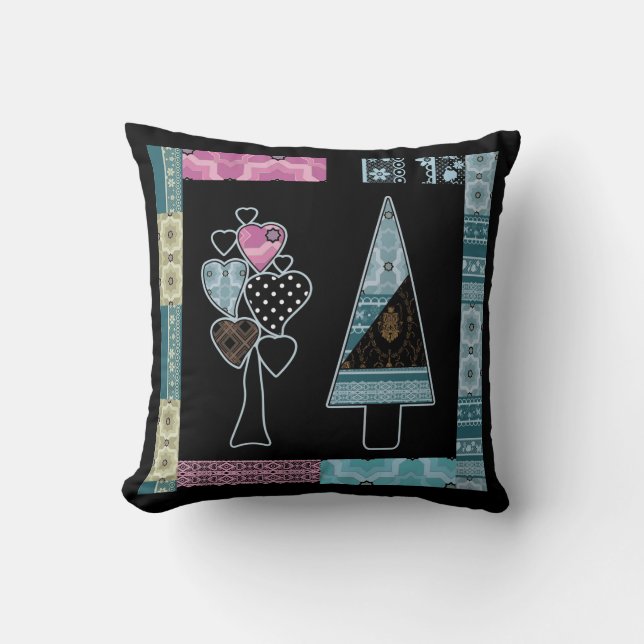 Cute patchwork quilting tree abstract shapes black cushion (Front)