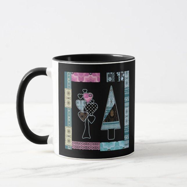 Cute patchwork quilting tree abstract shapes black mug (Left)