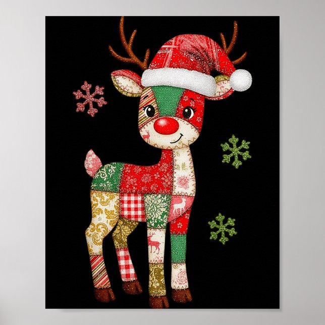 Cute Patchwork Reindeer Christmas Xmas Men Women K Poster (Front)