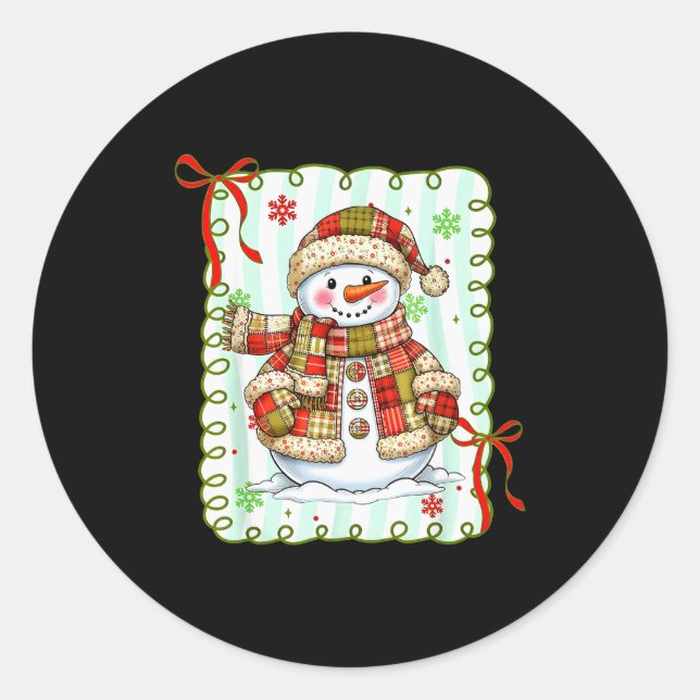 Cute Patchwork Snowman Bow Christmas Xmas Men Wome Classic Round Sticker (Front)
