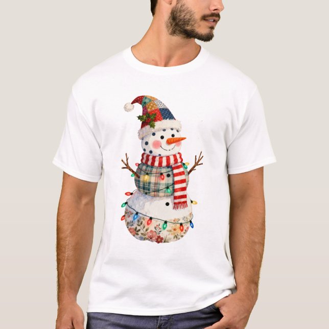 Cute Patchwork Snowman Christmas Lights Holiday T-Shirt (Front)
