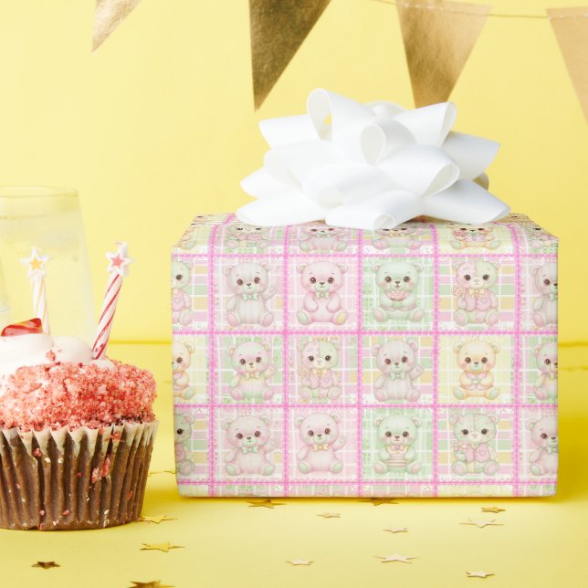 Cute Patchwork Teddy Bear Quilt Seamless Wrapping Paper (Birthday Party)