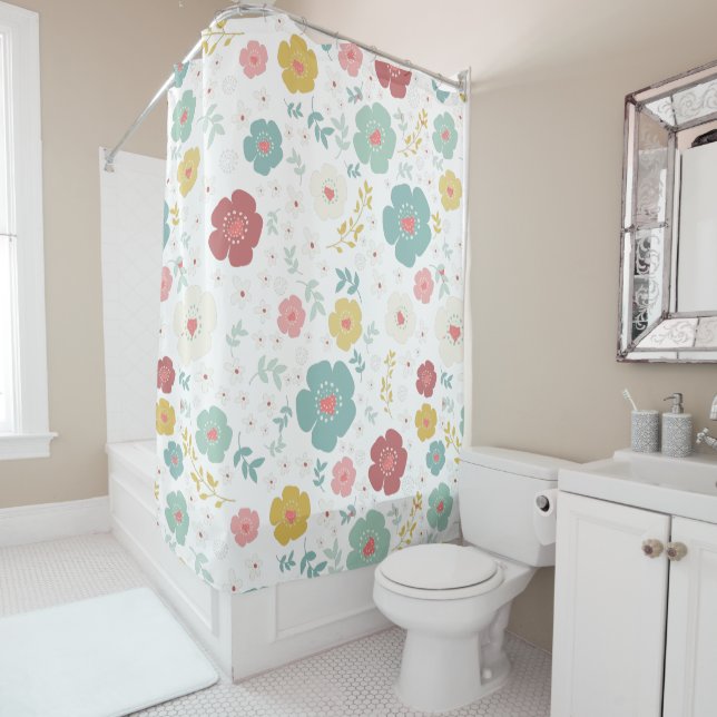 Cute Patel Tones Colourful Flowers Pattern Shower Curtain (In Situ)