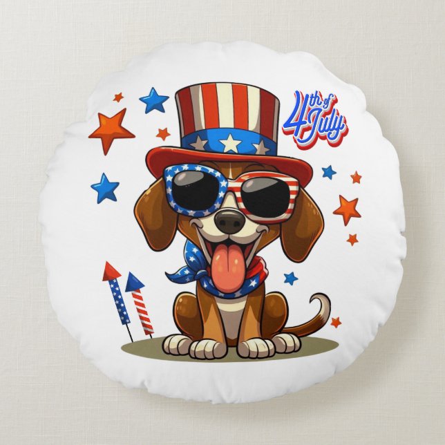 Cute, patriotic 4th of  July dog/puppy Round Cushion (Front)