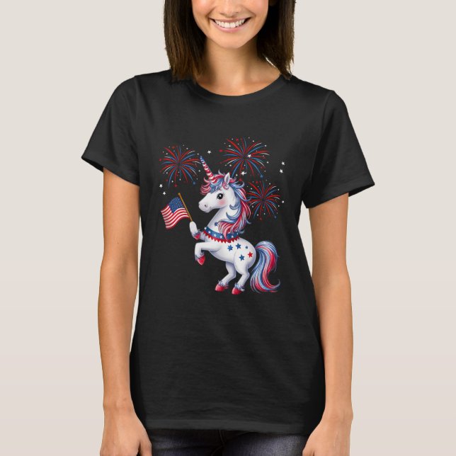 Cute Patriotic Americorn Unicorn Fireworks Girls 4 T-Shirt (Front)