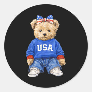 Cute patriotic bear usa 4th of july american classic round sticker