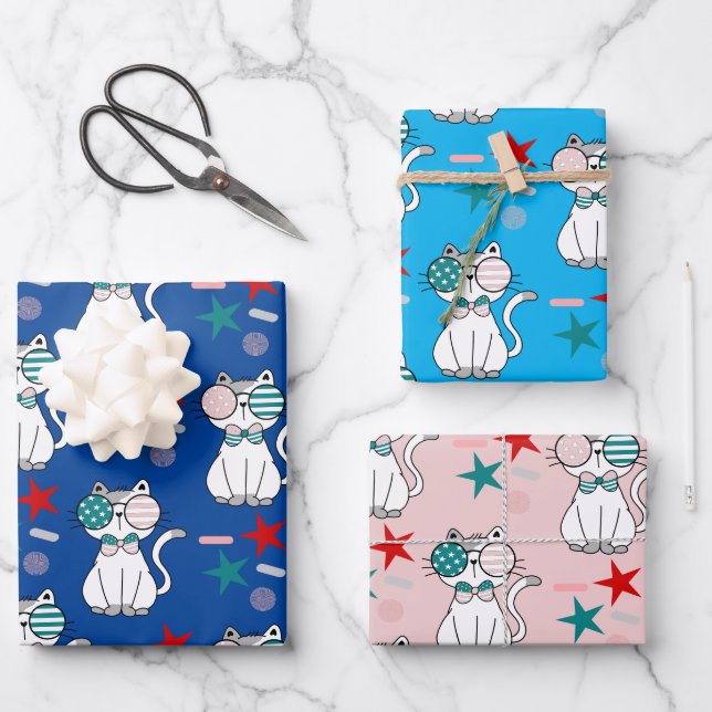 Cute Patriotic Cats Sprinkles Stars Pattern  Wrapping Paper Sheet (Front)