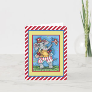 CUTE PATRIOTIC ELEPHANT WAVING AMERICAN FLAG CARD