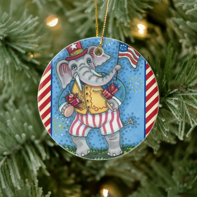CUTE PATRIOTIC ELEPHANT WAVING AMERICAN FLAG CERAMIC ORNAMENT (Tree)