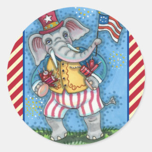CUTE PATRIOTIC ELEPHANT WAVING AMERICAN FLAG CLASSIC ROUND STICKER