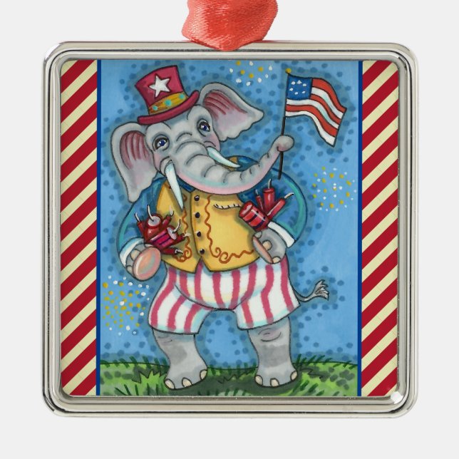 CUTE PATRIOTIC ELEPHANT WAVING AMERICAN FLAG METAL ORNAMENT (Front)