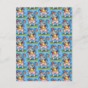 CUTE PATRIOTIC ELEPHANT WAVING AMERICAN FLAG POSTCARD