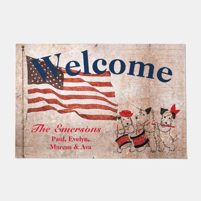 Cute Patriotic Flag Scotty Dogs Fife Band Door Mat (Front)