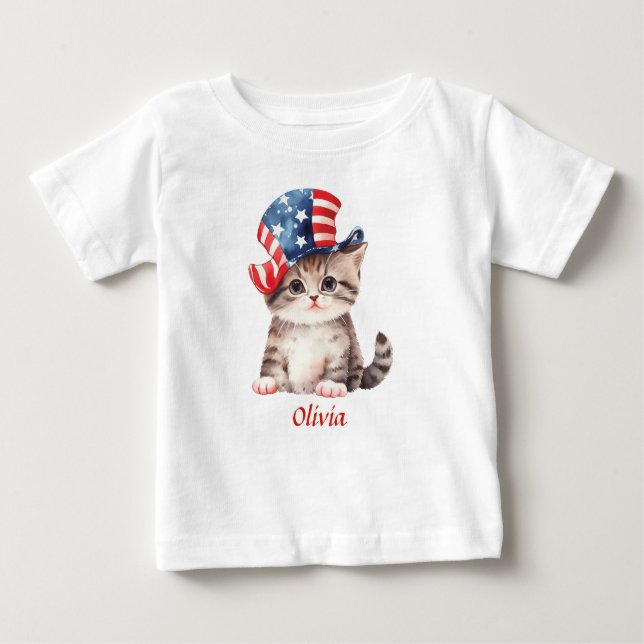 Cute Patriotic Kitten 4th of July Girl Baby T-Shirt (Front)