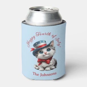 Cute Patriotic Kitten Cat July 4th  Can Cooler