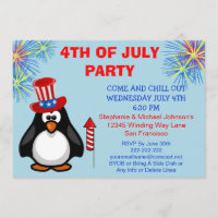 Cute Patriotic Penguin Fireworks 4th of July Party