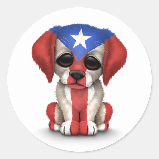 Cute Patriotic Puerto Rico Flag Puppy Dog, White Classic Round Sticker (Front)