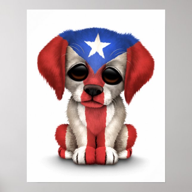 Cute Patriotic Puerto Rico Flag Puppy Dog, White Poster (Front)