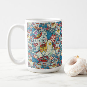 CUTE PATRIOTIC TEDDY BEAR, BOAT & PATCHWORK QUILT COFFEE MUG